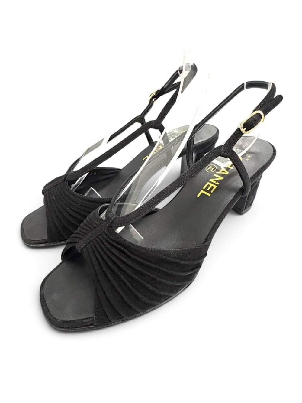 Chanel Suede Leather CC Logo Ankle Strap Open Toe Sandals Black